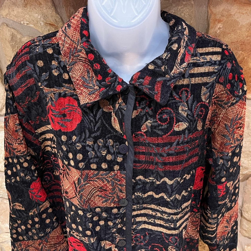Gorgeous Tapestry Shacket Blazer Light Jacket Women’s XL Black Red Camel